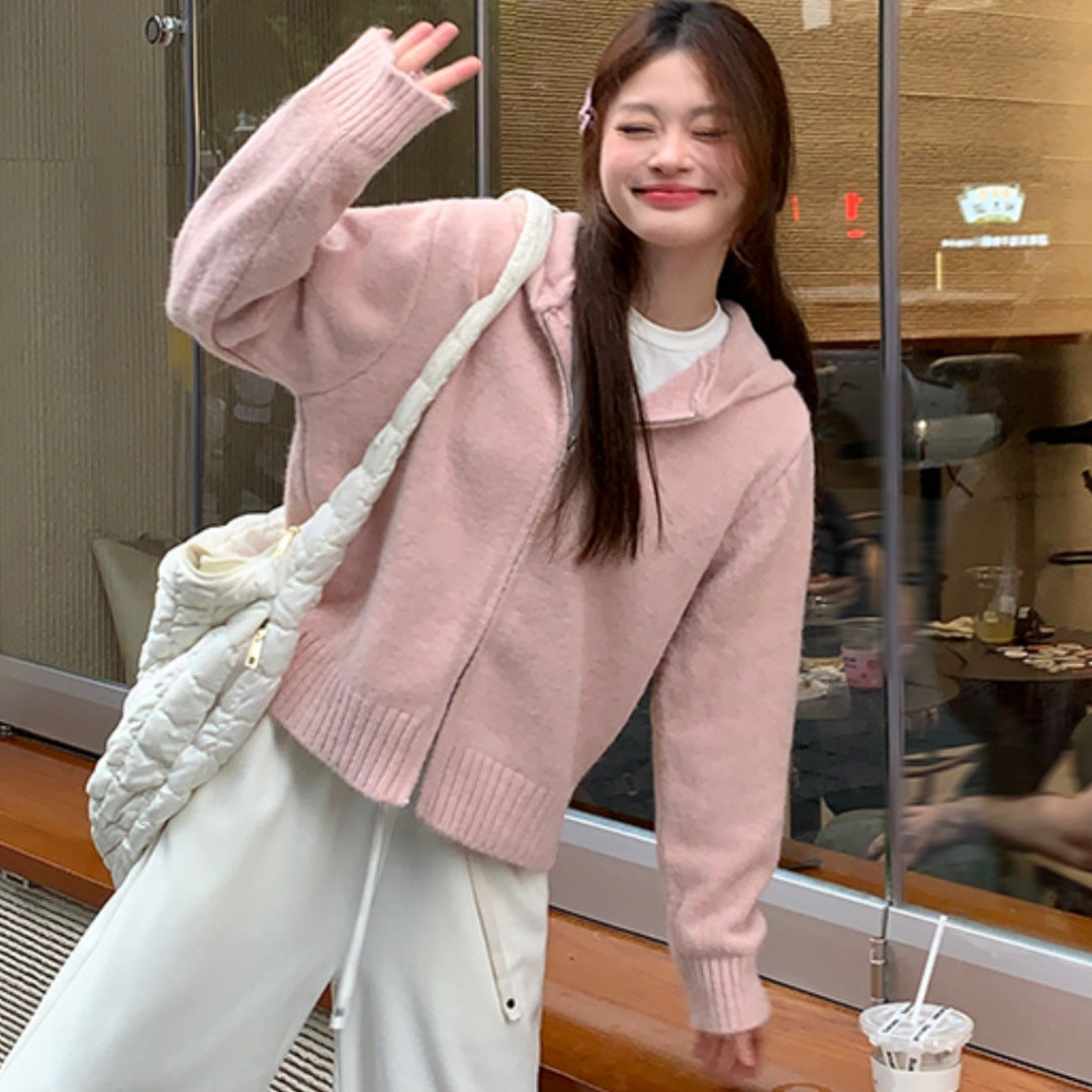 Women's Korean-style Hooded Double Zipper Knitted Bottoming Shirt