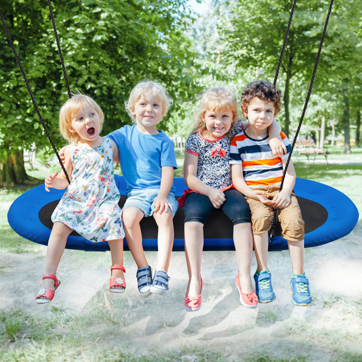 150 cm Oval Swing with Height-Adjustable Rope for Outdoor Indoor-Blue