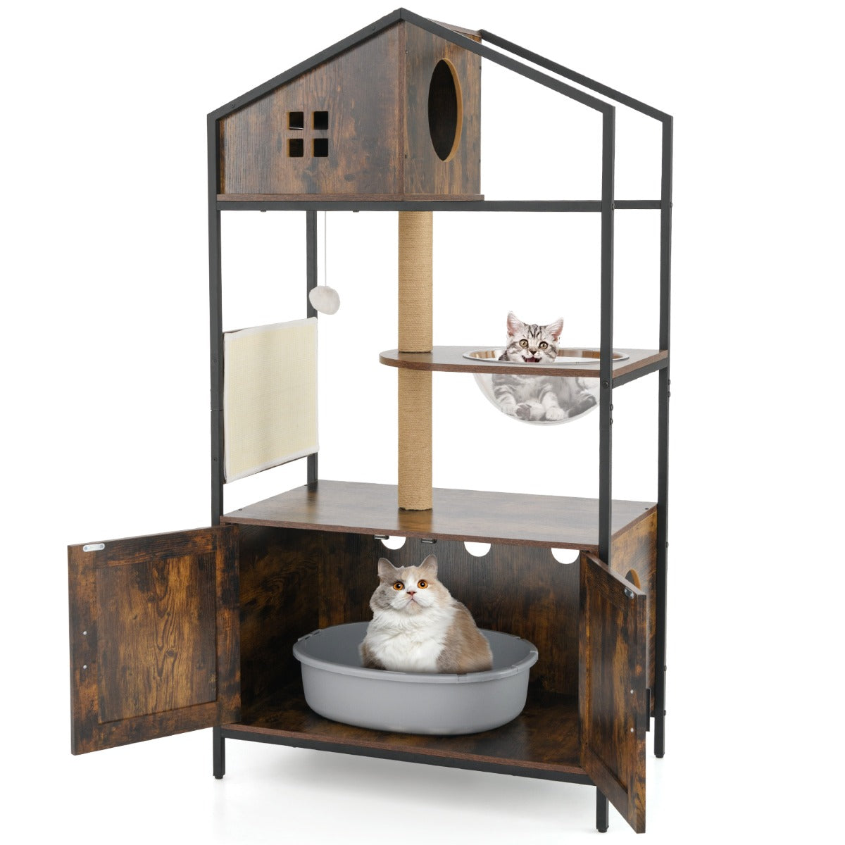 150CM Cat Tree with Litter Box Enclosure-Rustic Brown