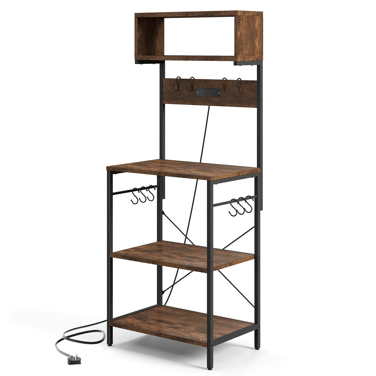 153 cm Tall Microwave Stand Kitchen Bakers Rack with Power Outlet-Rustic Brown