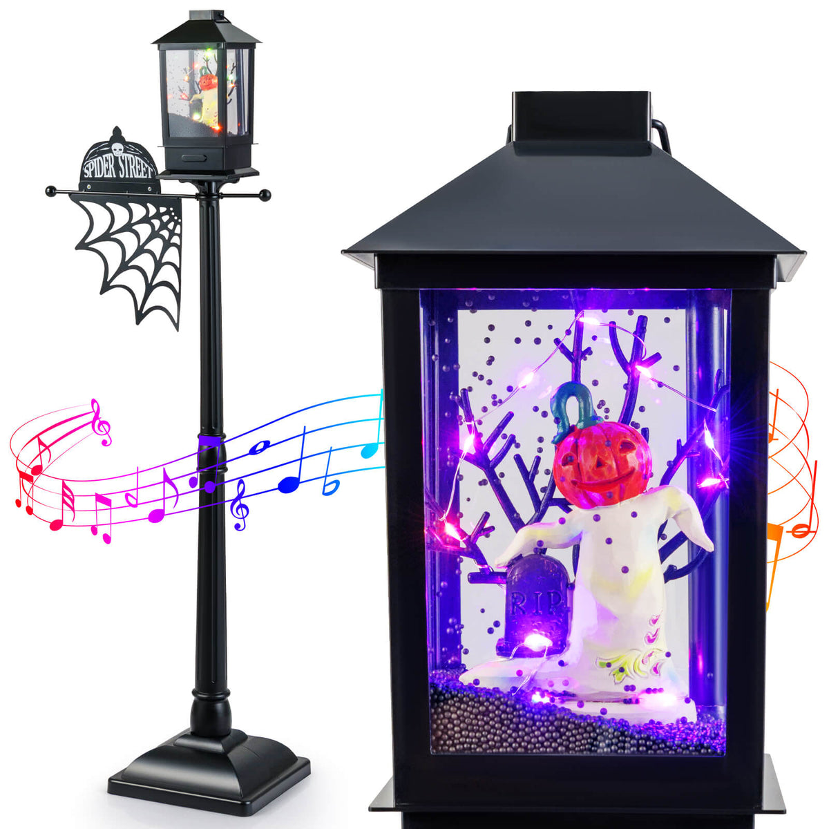 155 cm Halloween Lamp Post Sound-Activated with Black Snowy Effects-Black