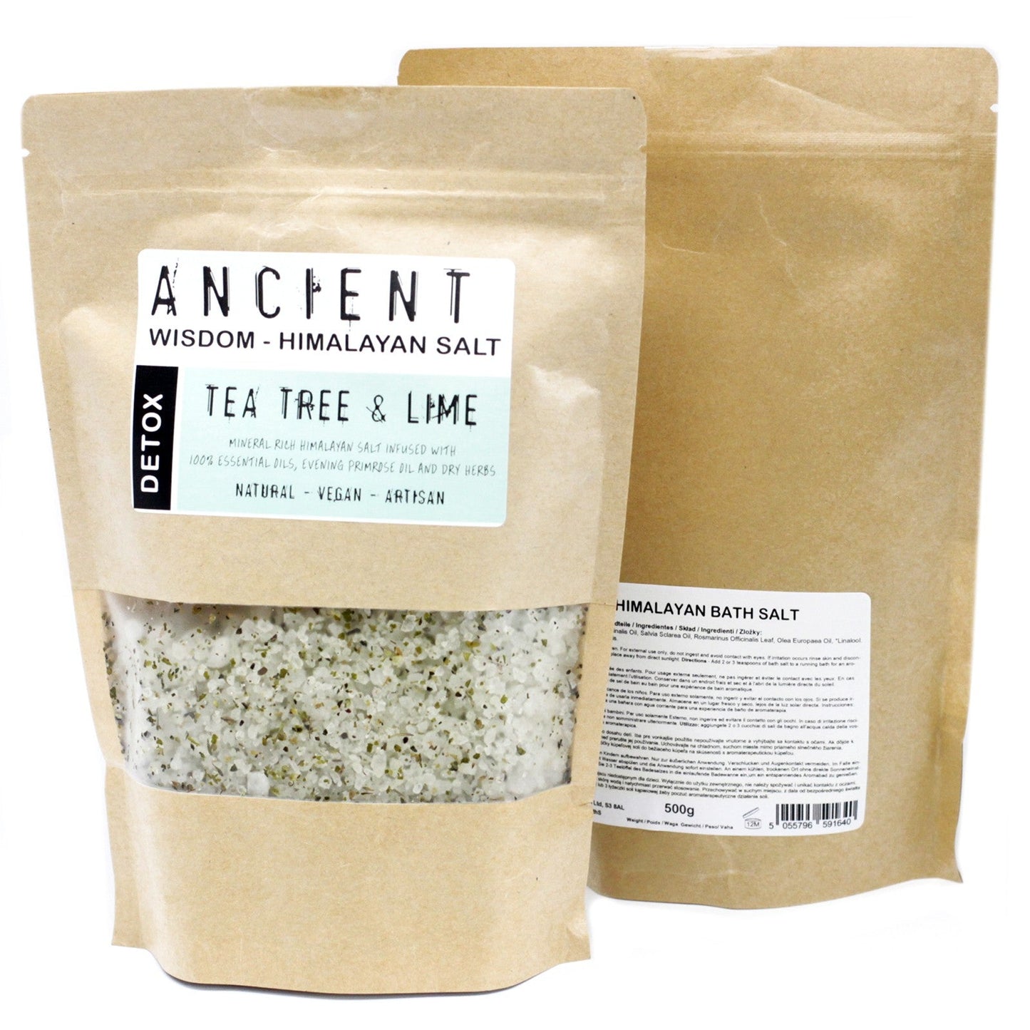 Two packages of Ancient Wisdom Himalayan salt with visible contents and labels.