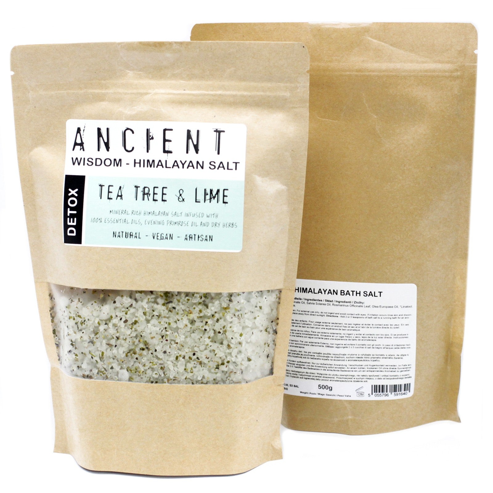 Two packages of Ancient Wisdom Himalayan salt with visible contents and labels.