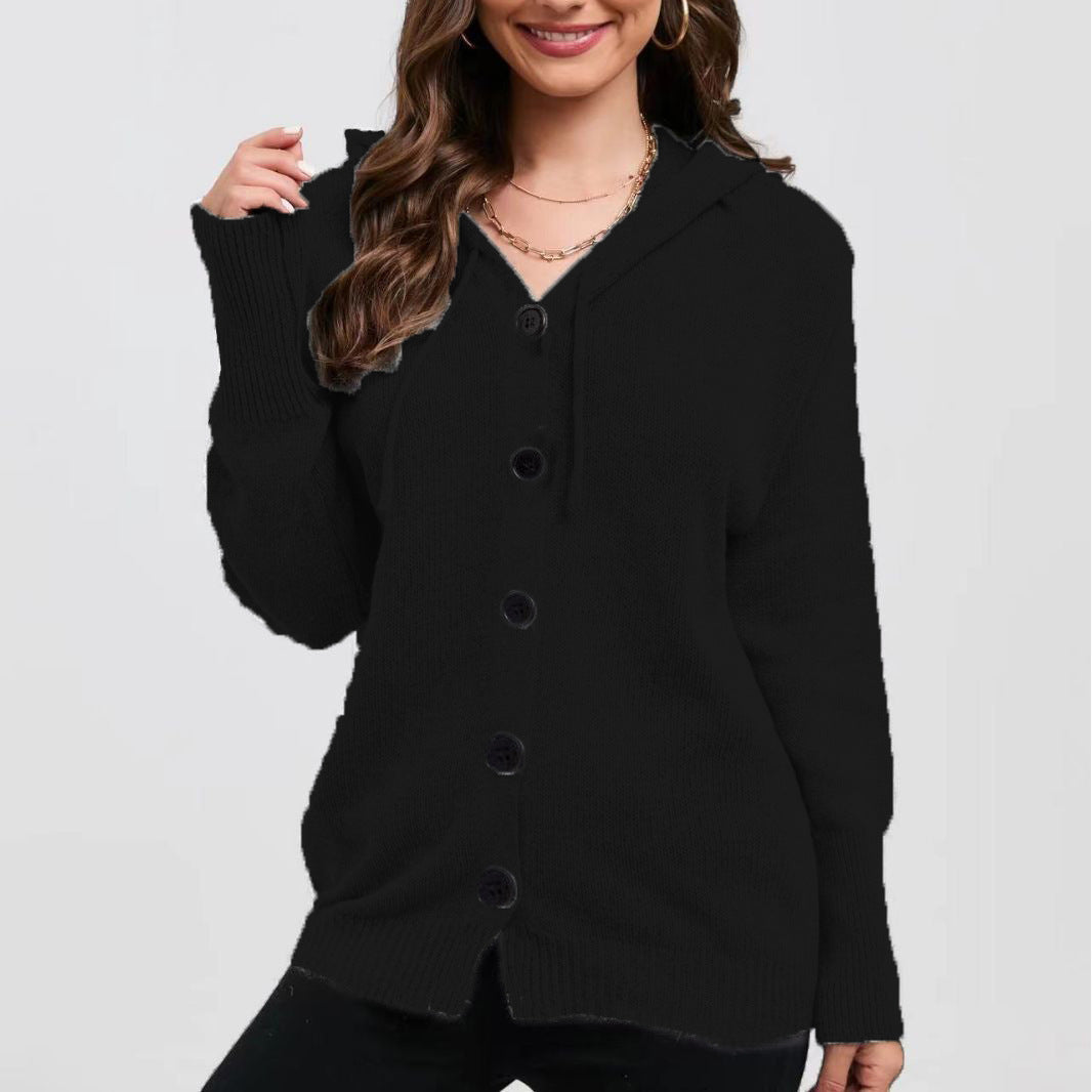 Women's Solid Color Hooded Single-breasted Sweater
