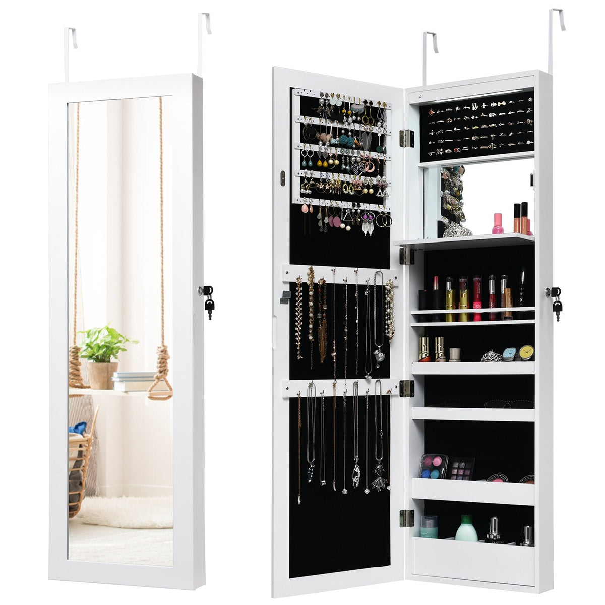 120cm Full Length Lockable Mirror Jewelry Cabinet with 15 LEDs-Black