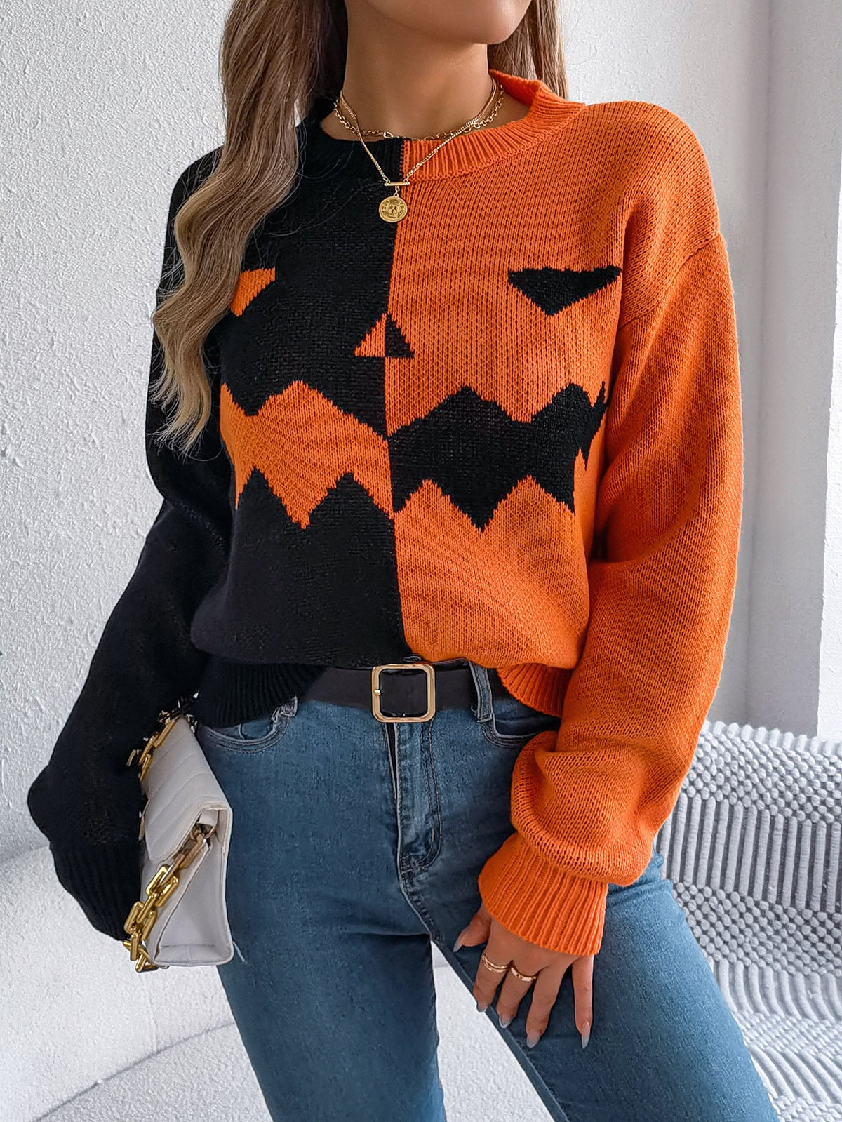 Women Ghost Pumpkin Color Block Long Sleeve Pullover Sweater