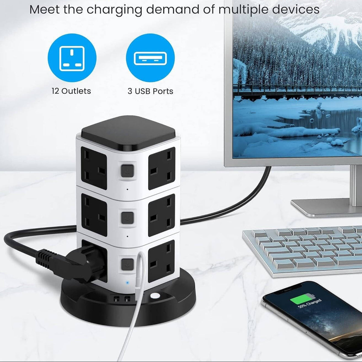 16-in-1 Tower Extension Lead 12 Sockets 3 USB Ports Power Strip Surge Protection
