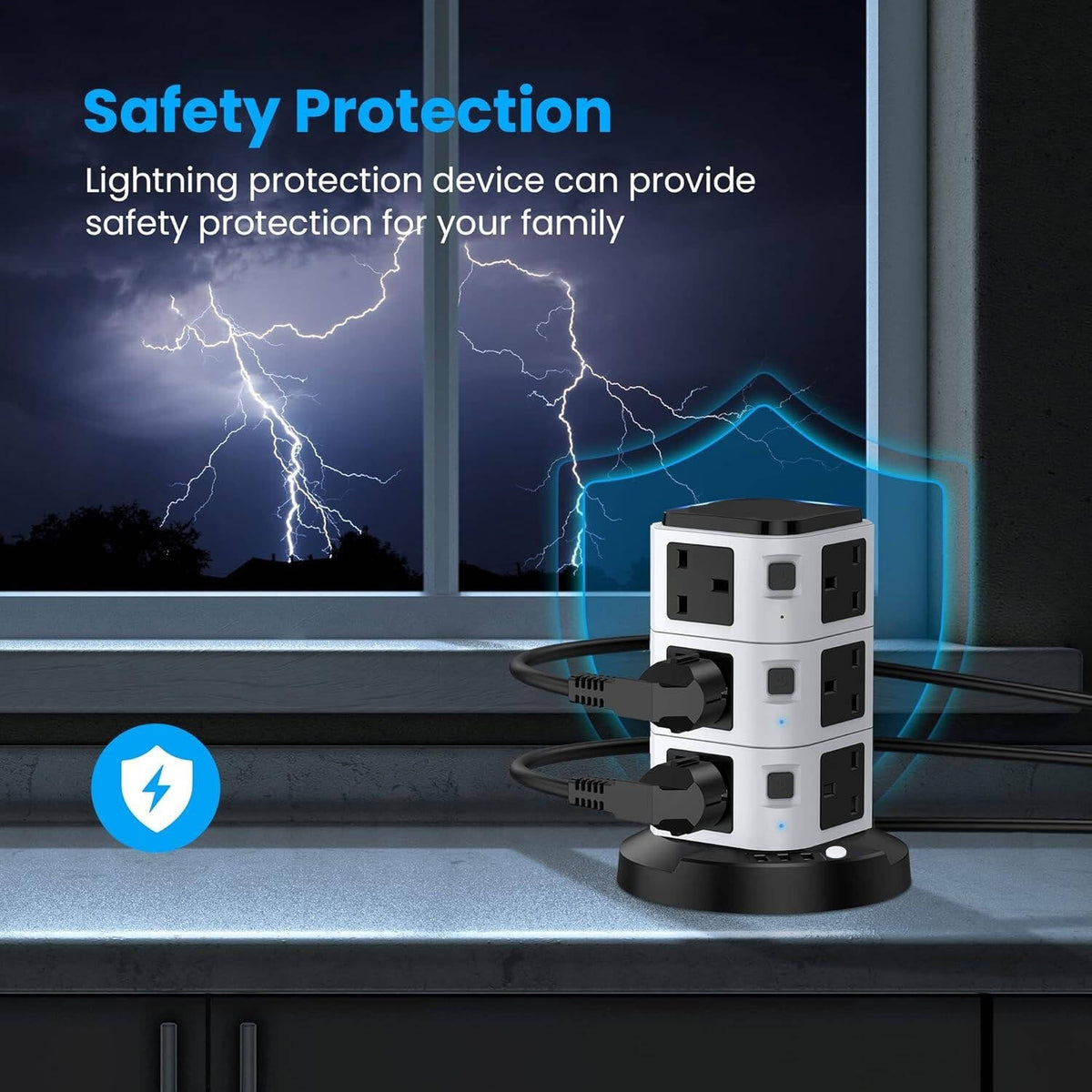 16-in-1 Tower Extension Lead 12 Sockets 3 USB Ports Power Strip Surge Protection