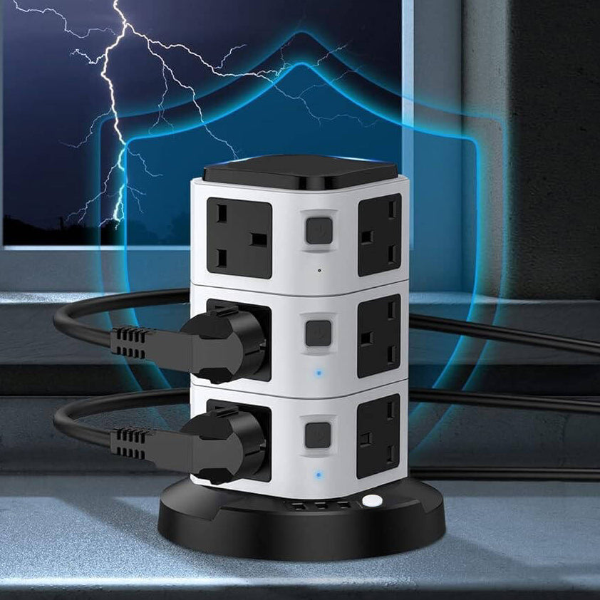 16-in-1 Tower Extension Lead 12 Sockets 3 USB Ports Power Strip Surge Protection