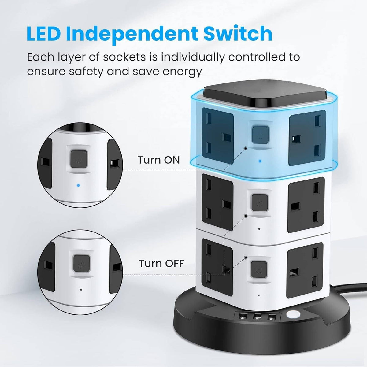 16-in-1 Tower Extension Lead 12 Sockets 3 USB Ports Power Strip Surge Protection