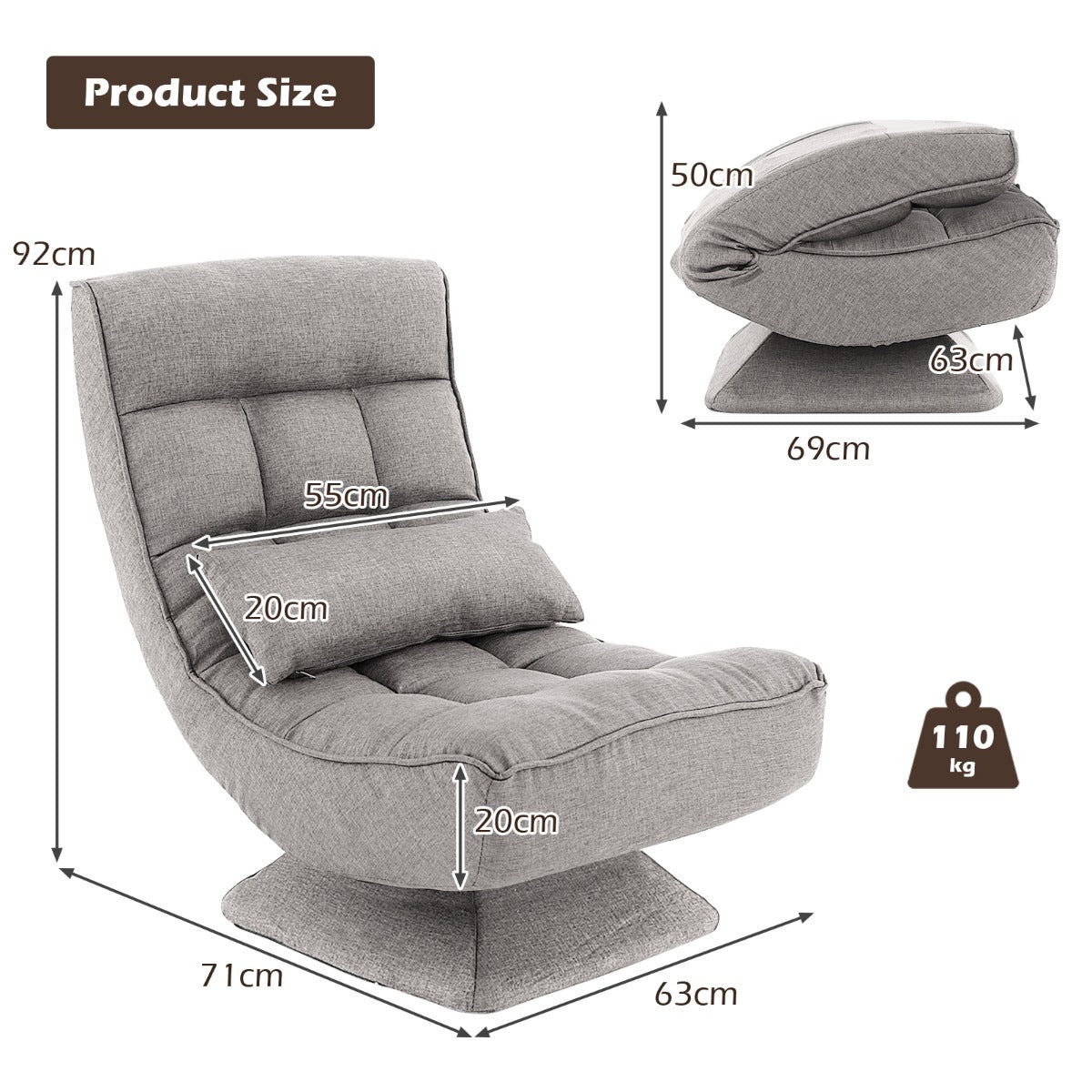 4-Position Adjustable Floor Chair with Swivel Base-Black