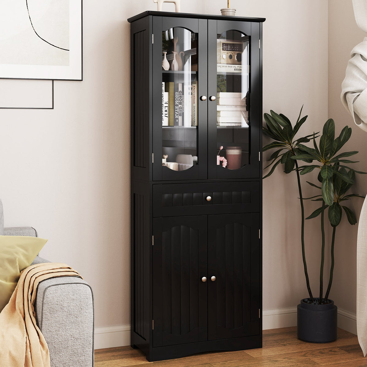 160cm Freestanding Linen Tall Bathroom Storage Cabinet with 2 Glass Doors-Black