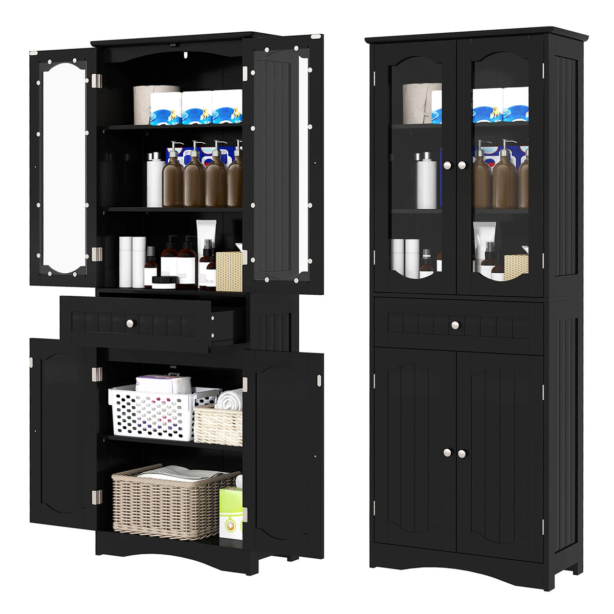 160cm Freestanding Linen Tall Bathroom Storage Cabinet with 2 Glass Doors-Black