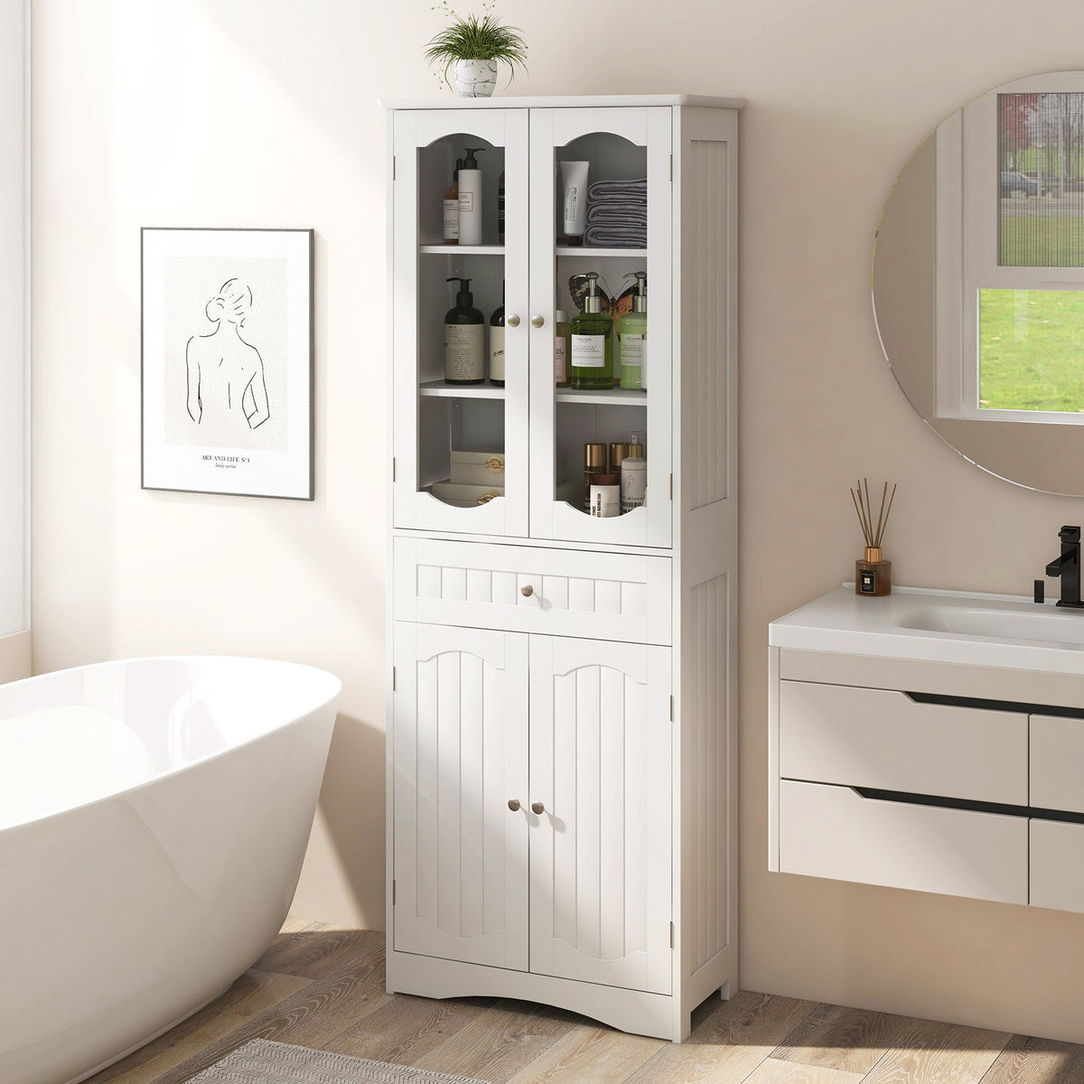 160cm Freestanding Linen Tall Bathroom Storage Cabinet with 2 Glass Doors-Black