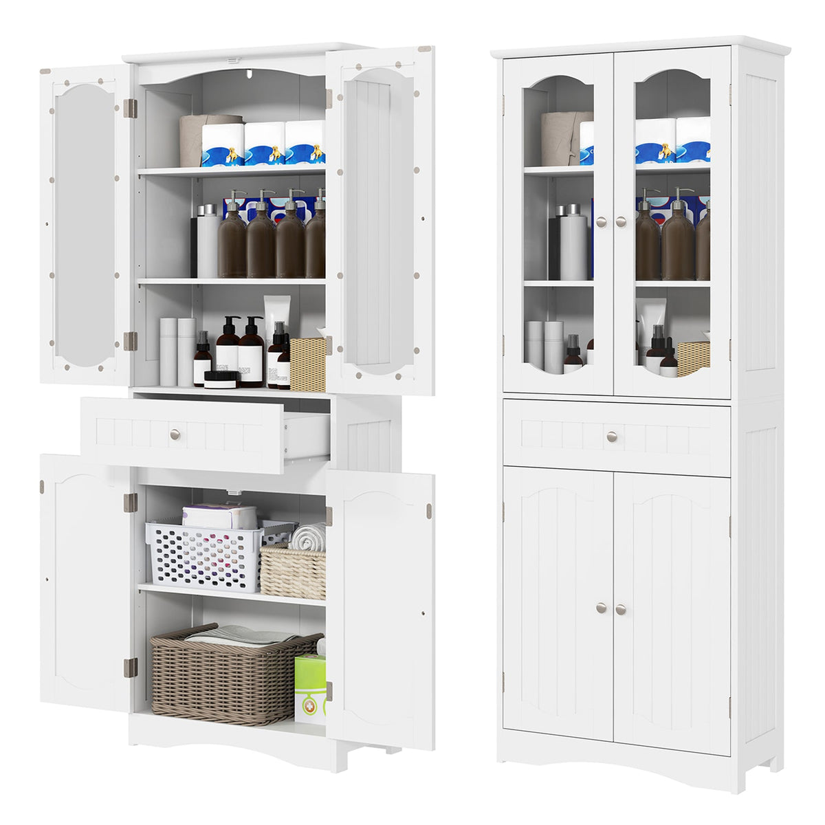 160cm Freestanding Linen Tall Bathroom Storage Cabinet with 2 Glass Doors-Black