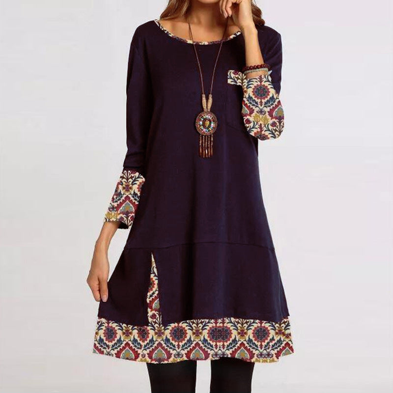 Patchwork Printed Round Neck Long Sleeve Dress