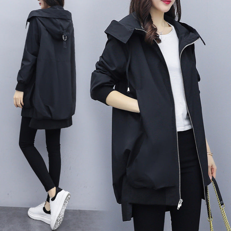 Loose Casual Hooded Mid-Length Trench Coat