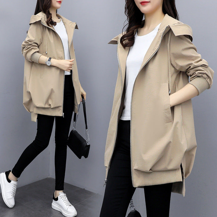 Loose Casual Hooded Mid-Length Trench Coat
