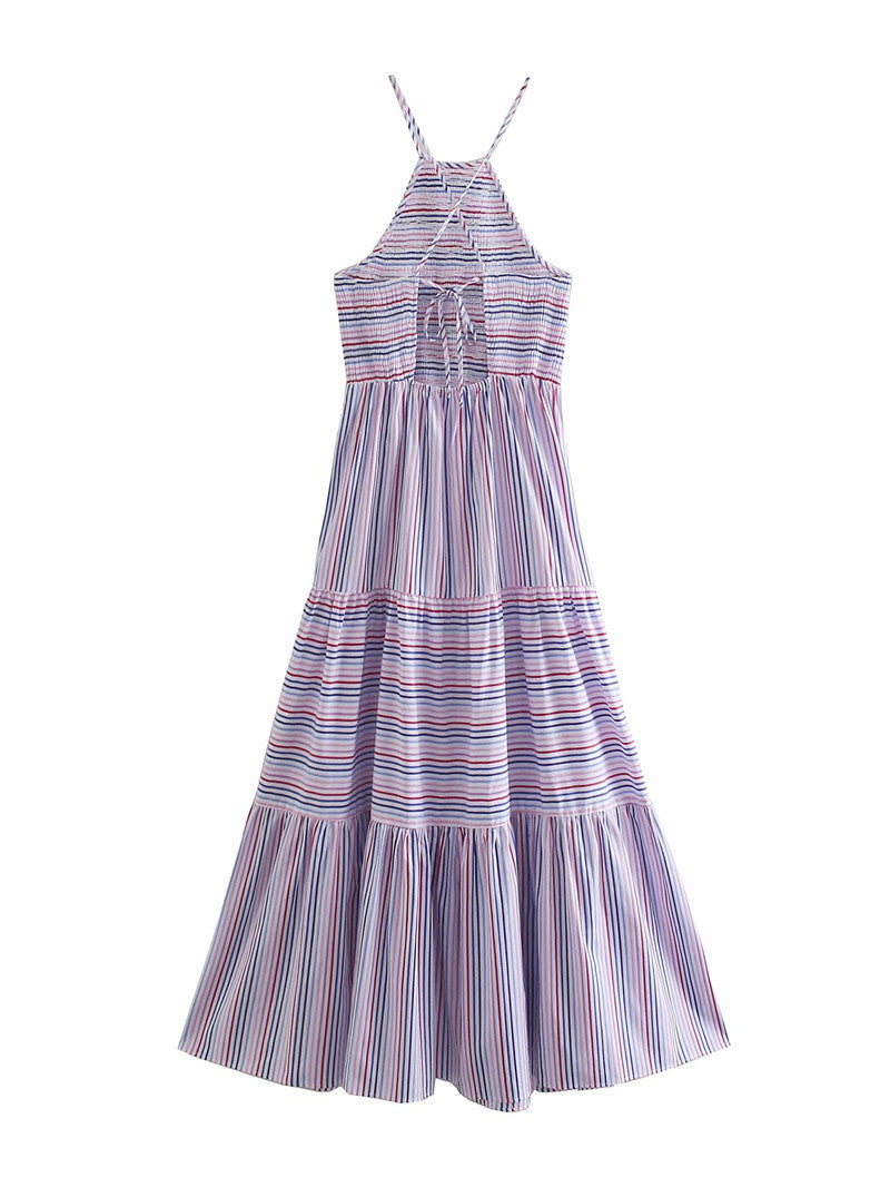 Vacation Style Sling Striped Backless Long Dress Women
