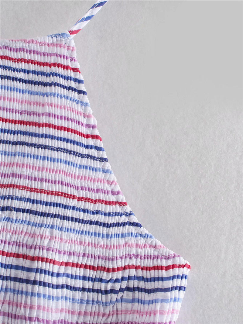 Vacation Style Sling Striped Backless Long Dress Women