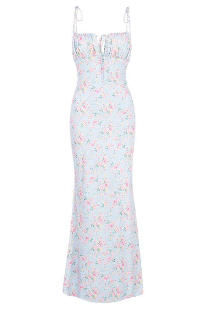 Sleeveless Backless One-neck Long Floral Suspender Dress