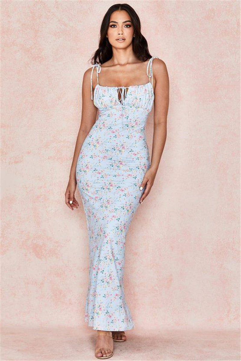 Sleeveless Backless One-neck Long Floral Suspender Dress
