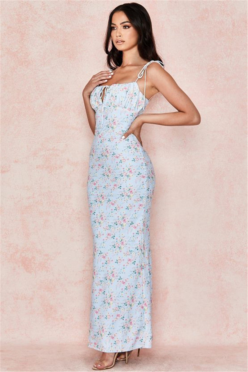 Sleeveless Backless One-neck Long Floral Suspender Dress