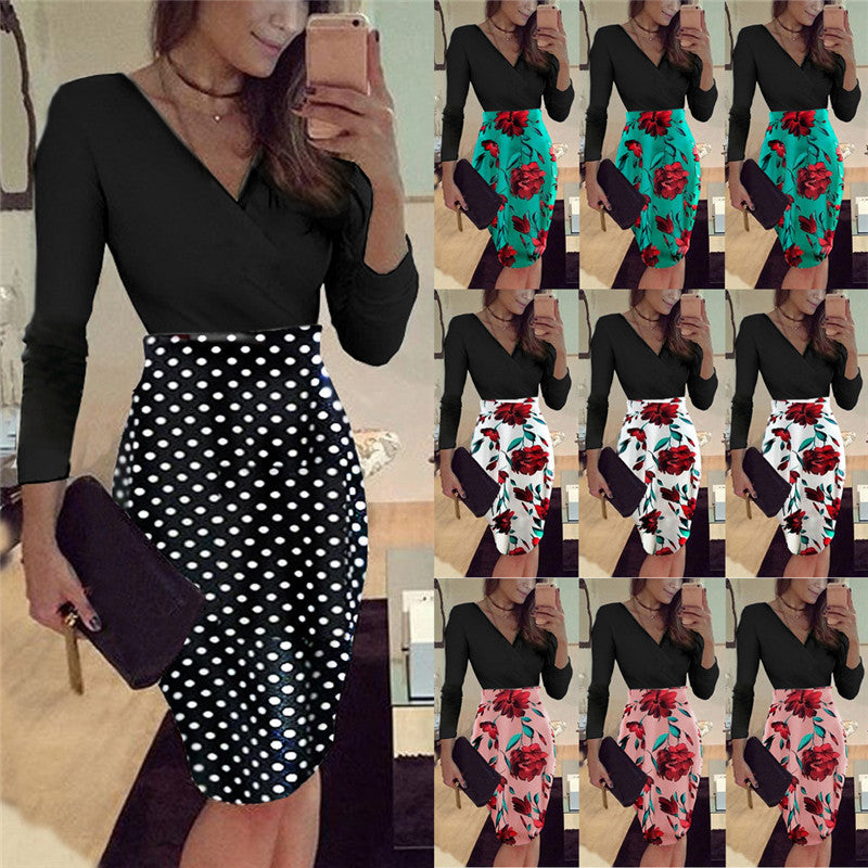 Short Sleeve V-neck Printed Patchwork Slim Dress