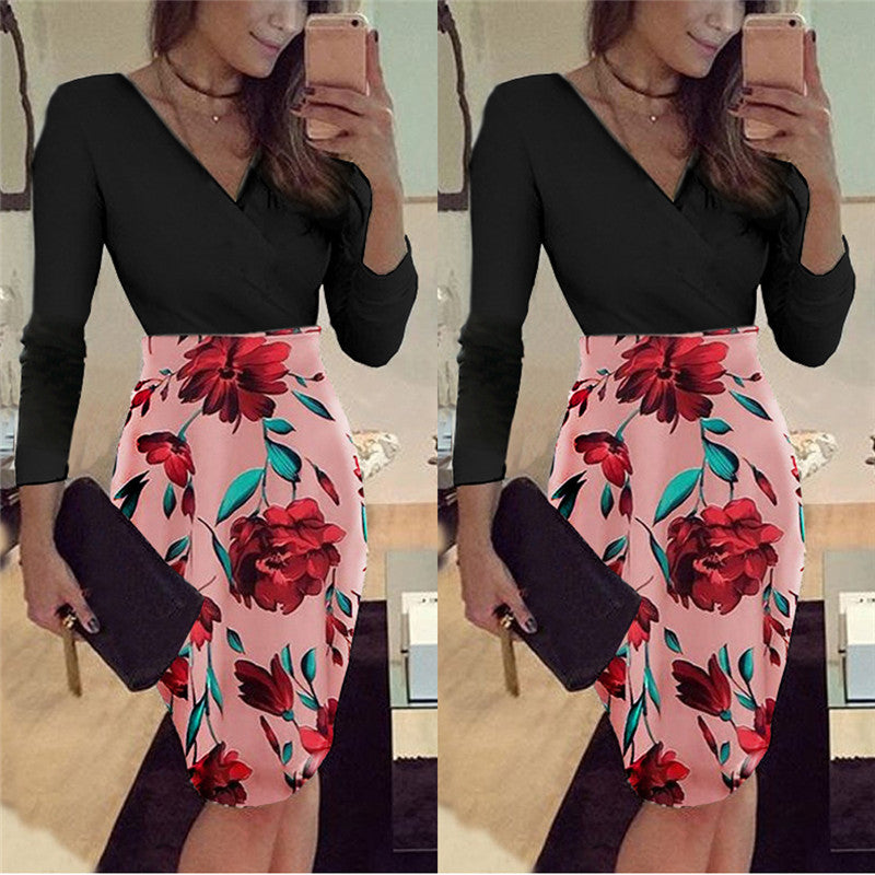 Short Sleeve V-neck Printed Patchwork Slim Dress