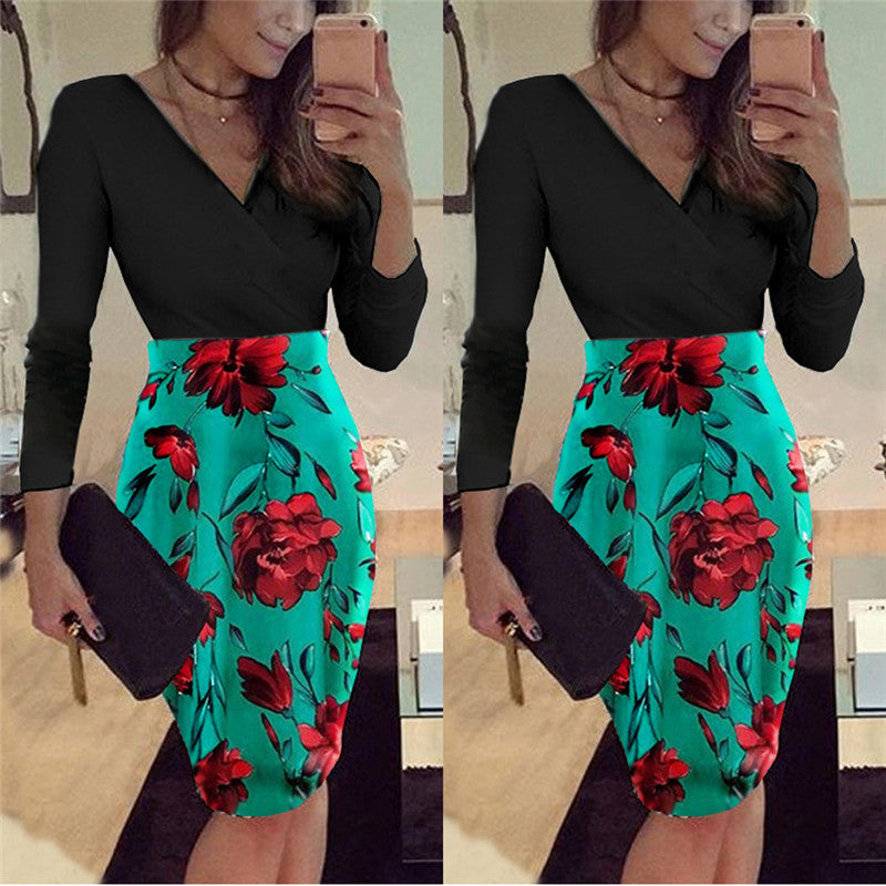 Short Sleeve V-neck Printed Patchwork Slim Dress