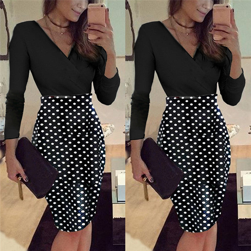 Short Sleeve V-neck Printed Patchwork Slim Dress