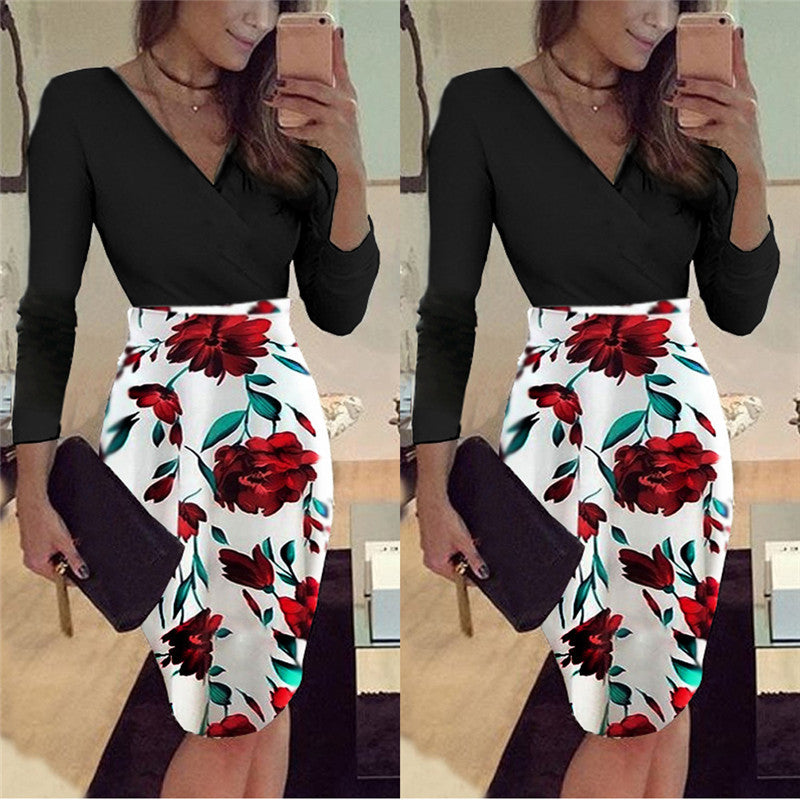 Short Sleeve V-neck Printed Patchwork Slim Dress