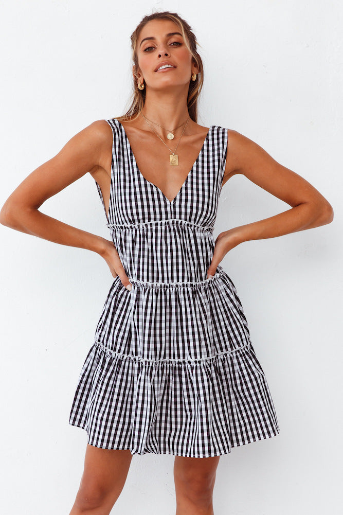 Summer New Style Deep V Sexy Backless Sleeveless Plaid Printed Dress Women