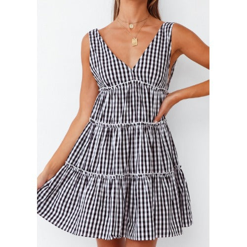 Summer New Style Deep V Sexy Backless Sleeveless Plaid Printed Dress Women