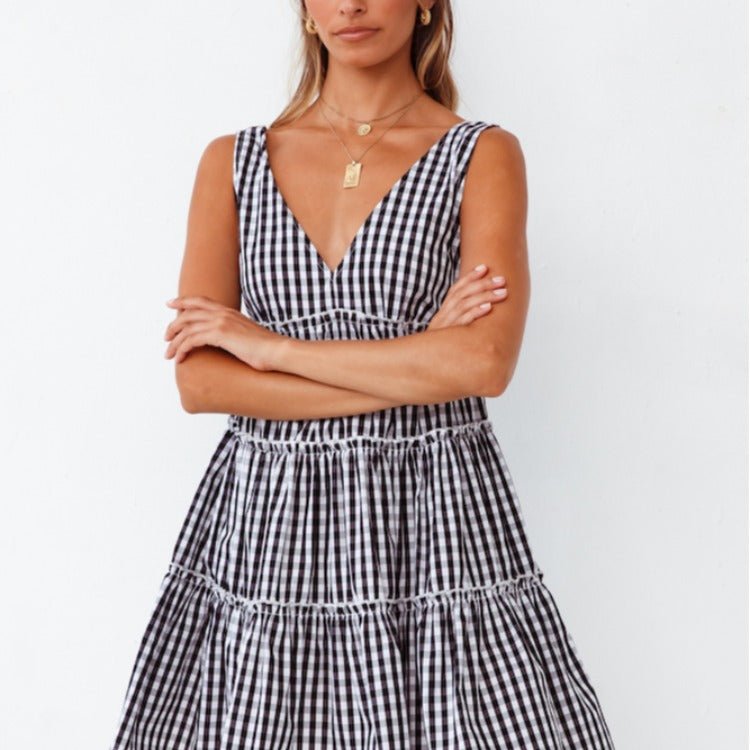 Summer New Style Deep V Sexy Backless Sleeveless Plaid Printed Dress Women
