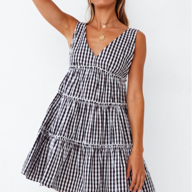 Summer New Style Deep V Sexy Backless Sleeveless Plaid Printed Dress Women