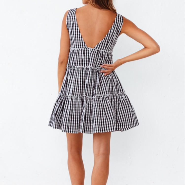 Summer New Style Deep V Sexy Backless Sleeveless Plaid Printed Dress Women