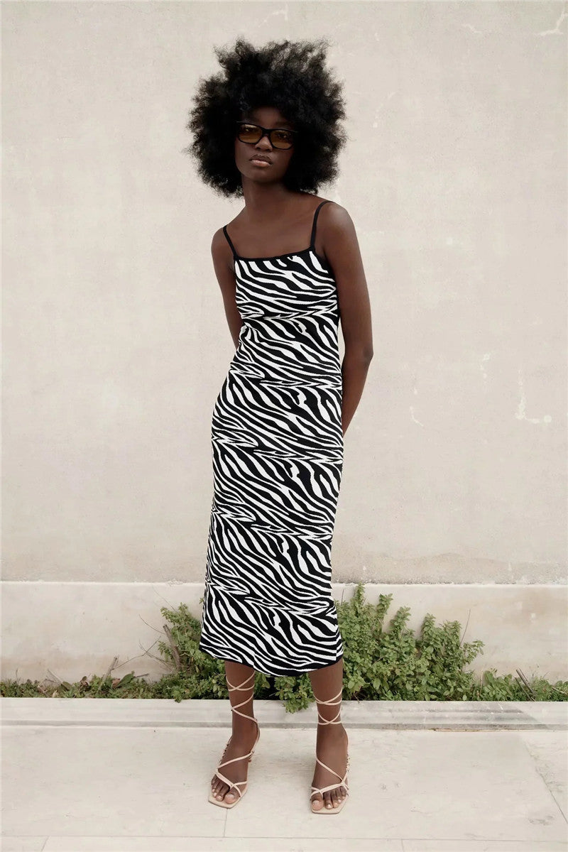 VUWWYV Za Jacquard Animal Print Jersey Dress Women White Black Backless Straps Midi Dress Woman Chic Casual Knit Vestidos