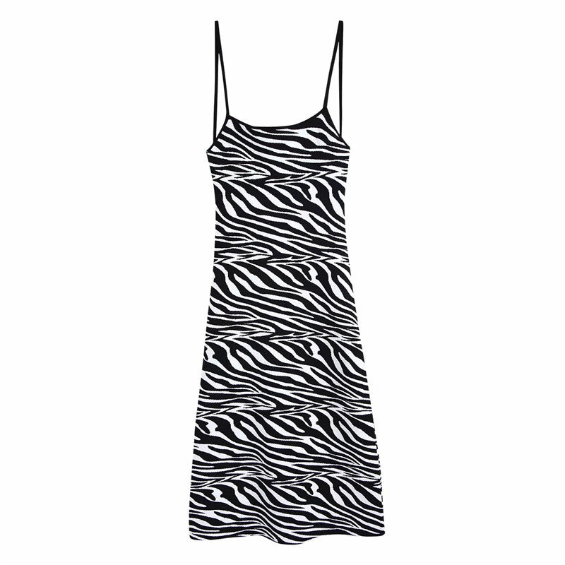 VUWWYV Za Jacquard Animal Print Jersey Dress Women White Black Backless Straps Midi Dress Woman Chic Casual Knit Vestidos
