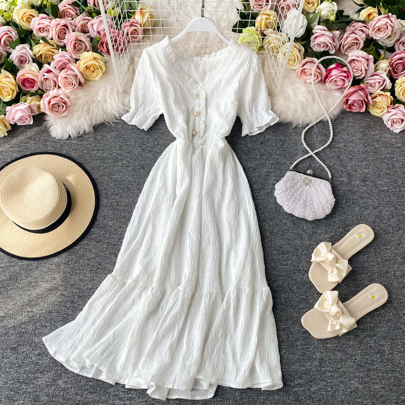 Women White Dress Summer Elegant V-neck Single-breasted