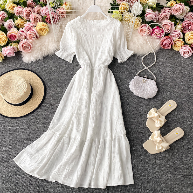 Women White Dress Summer Elegant V-neck Single-breasted
