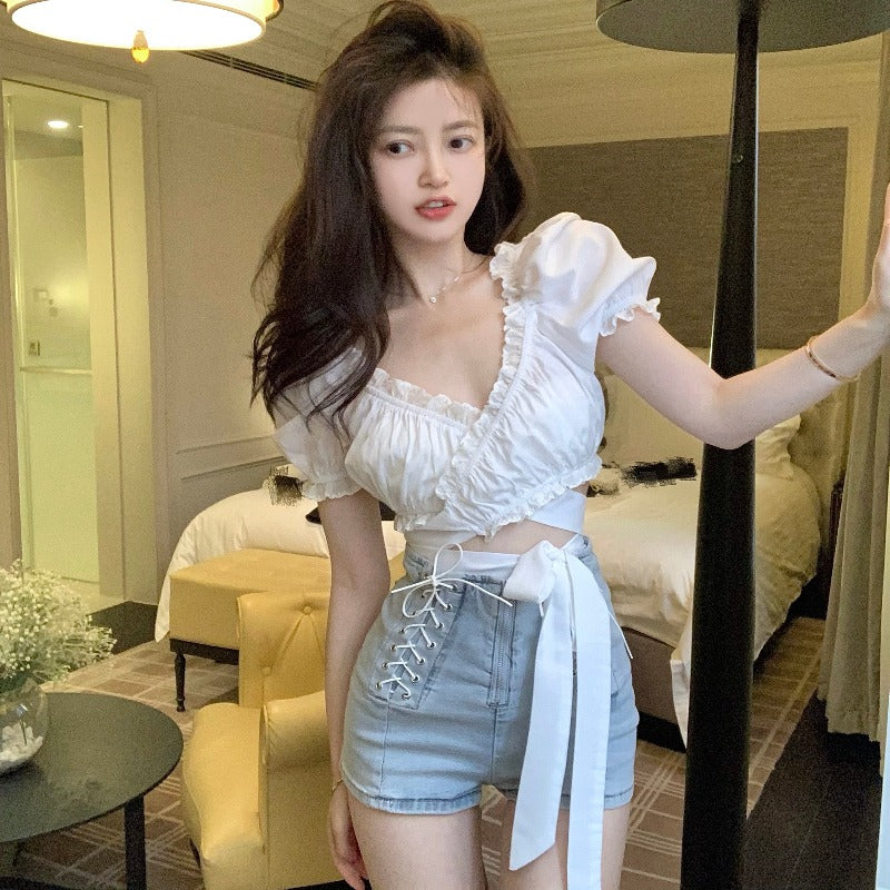 French Bubble Sleeve V-Neck Shirt Women''S Summer Design Sense Minority Short Shirt White Bandage Short Sleeve Top