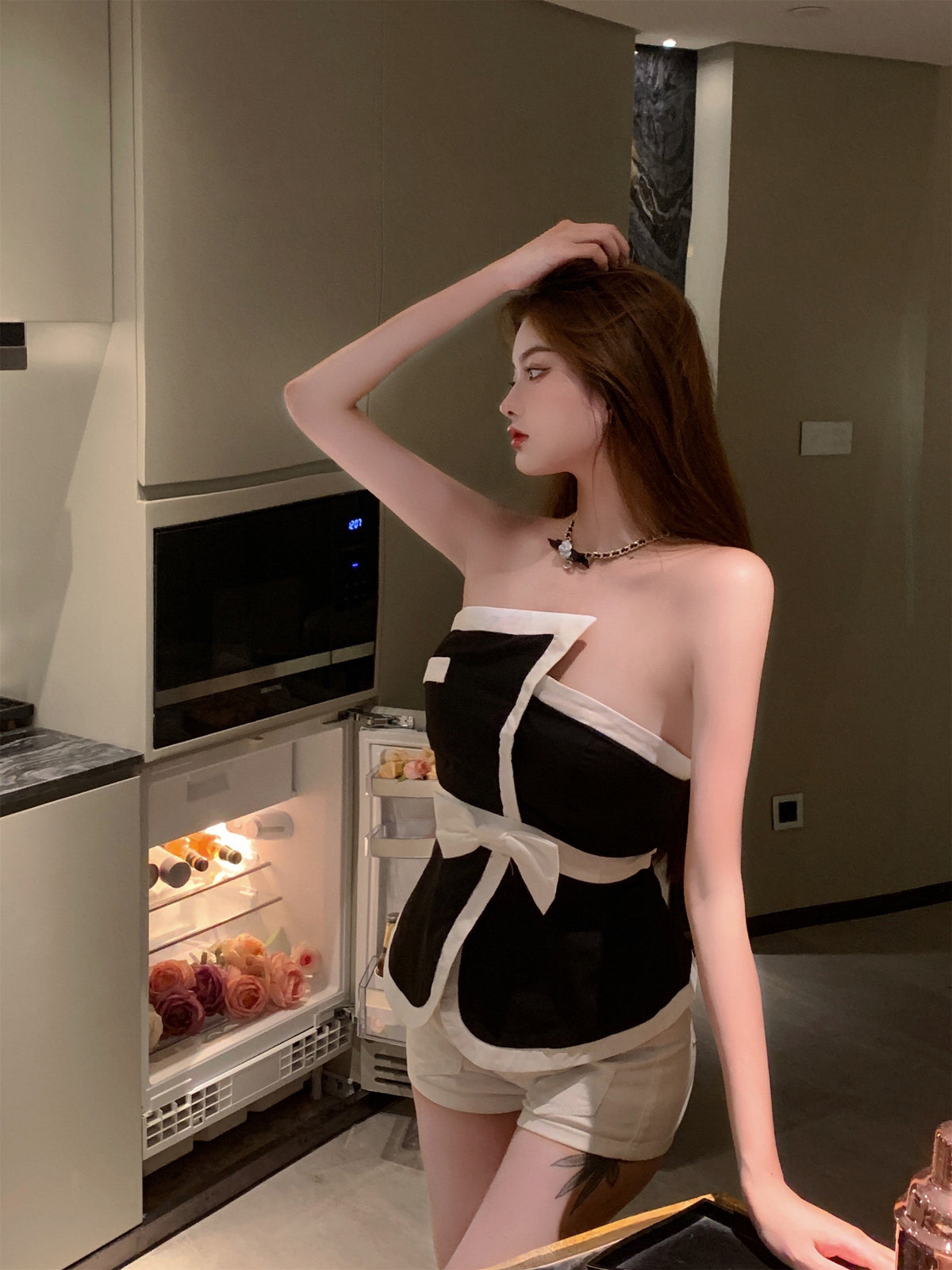 Women''S Summer Short Black Top With Bow Wrap Around Chest