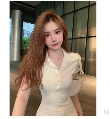 Retro Polo Collar Spice Girl Split Dress Women"s Summer New Hip Wrap Dress