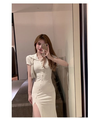 Retro Polo Collar Spice Girl Split Dress Women"s Summer New Hip Wrap Dress