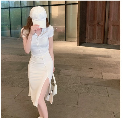 Retro Polo Collar Spice Girl Split Dress Women"s Summer New Hip Wrap Dress