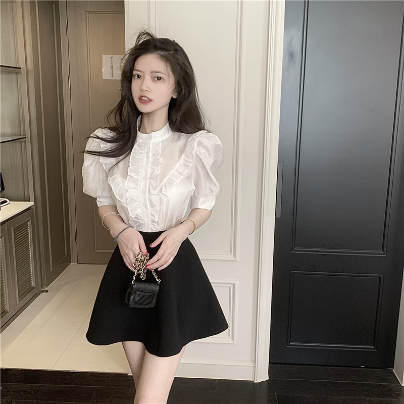 Shirt Women''s Short Ruffle Design Minority White Short Sleeve Shirt Summer French Thin Bubble Sleeve Top