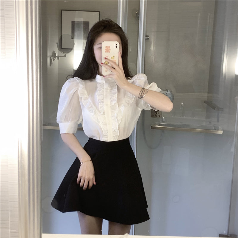 Shirt Women''s Short Ruffle Design Minority White Short Sleeve Shirt Summer French Thin Bubble Sleeve Top