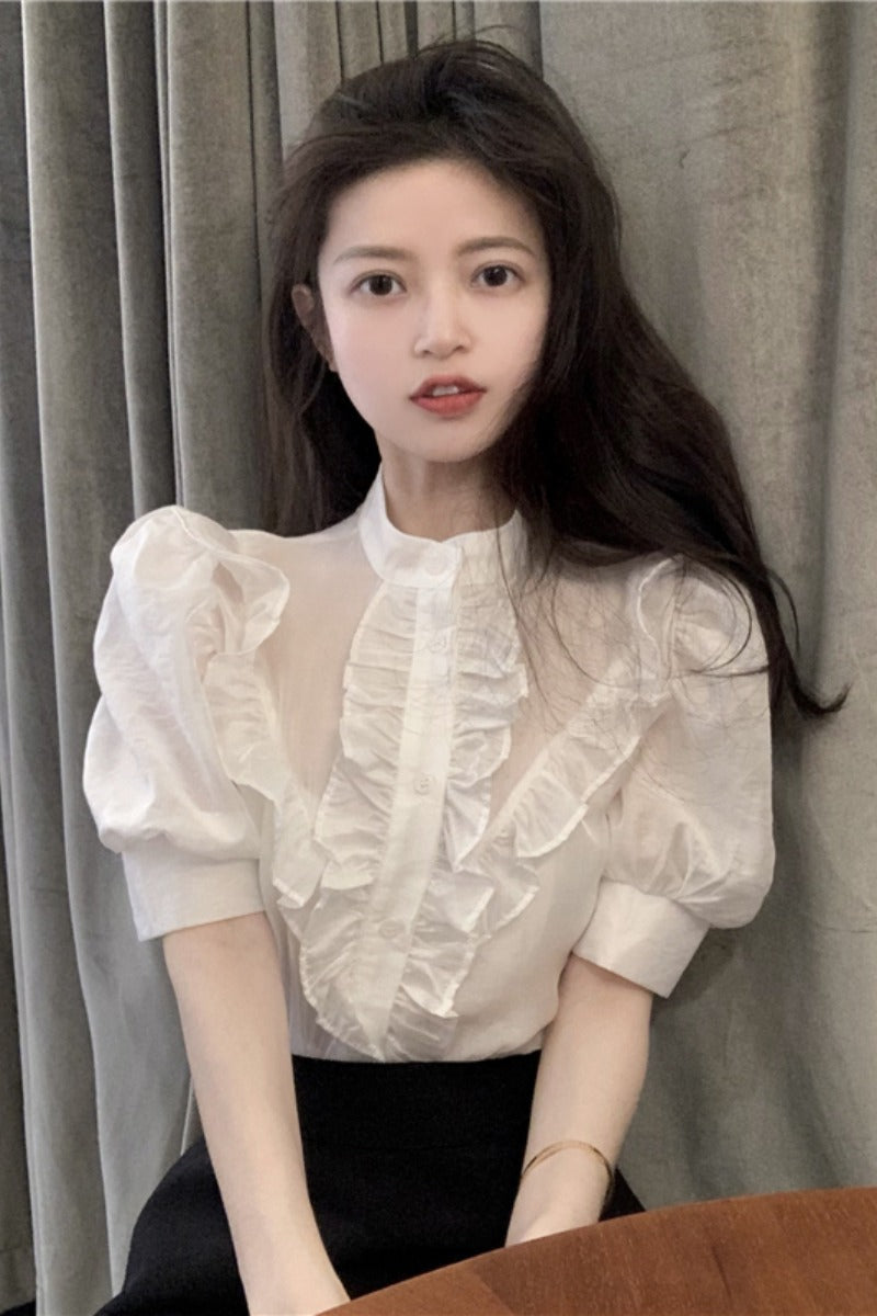 Shirt Women''s Short Ruffle Design Minority White Short Sleeve Shirt Summer French Thin Bubble Sleeve Top