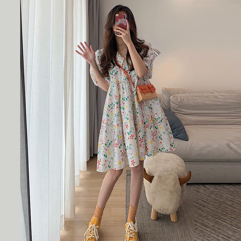 Sweet Floral Dress Women"s Summer New Spring French Loose Baby Collar Bubble Sleeve Skirt Summer